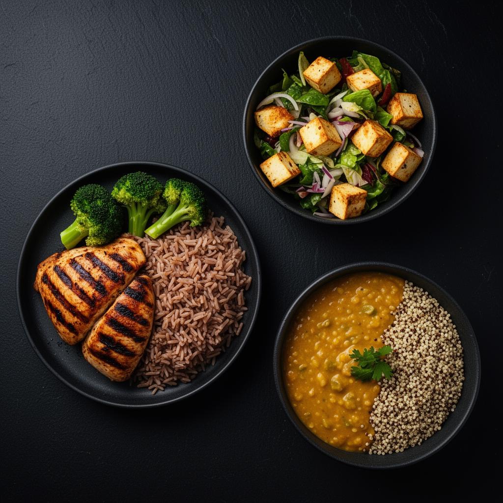 High-protein Indian meal plates on a dark slate surface