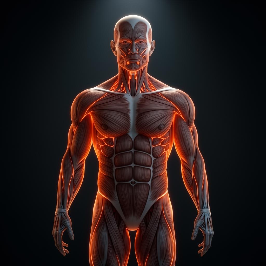 3D anatomy render with glowing muscle topography